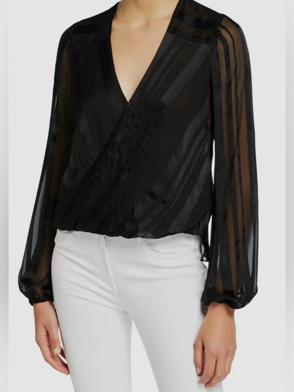 Ramy Brook Black Sheer Striped Surplice Blouse
